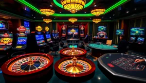 Exciting online gambling interface at f168 com with vibrant slot machines and poker tables.