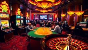 Players enjoying a thrilling game at rr88.com casino with vibrant slot machines.