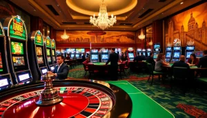 Experience the thrill of 789 win at a luxurious casino, showcasing roulette, slots, and vibrant players.