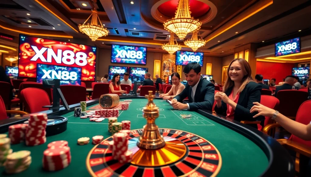 Experience thrilling gaming at XN88 casino with vibrant tables and professional players.