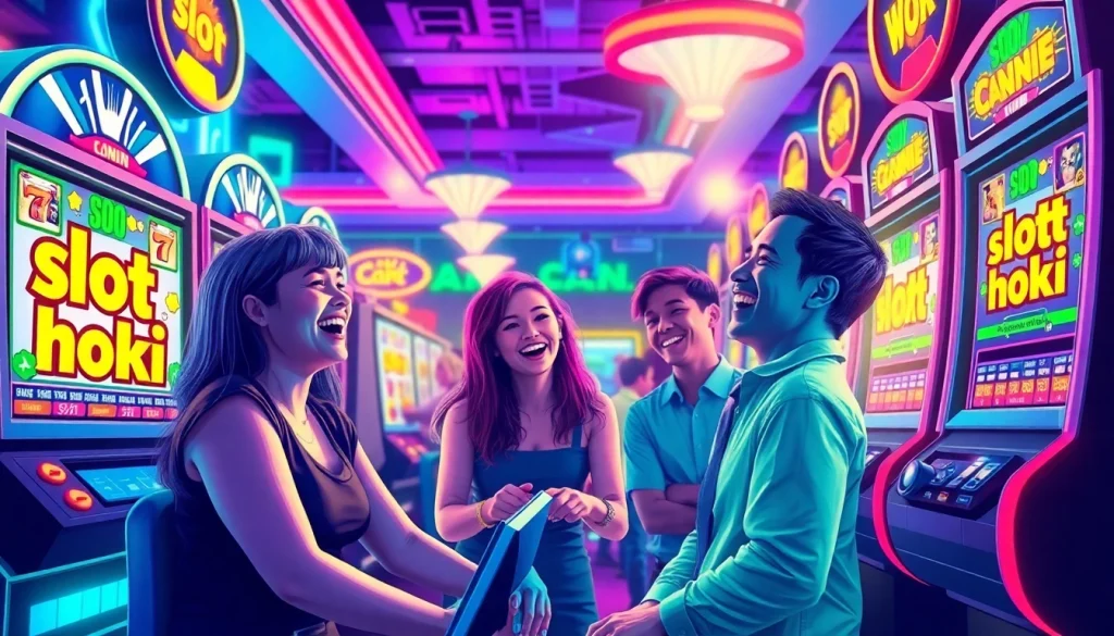 Dynamic online gambling scene with slot hoki machines and excited players.