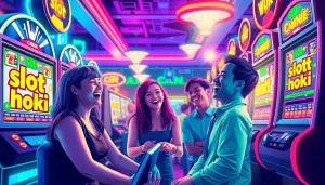 Dynamic online gambling scene with slot hoki machines and excited players.