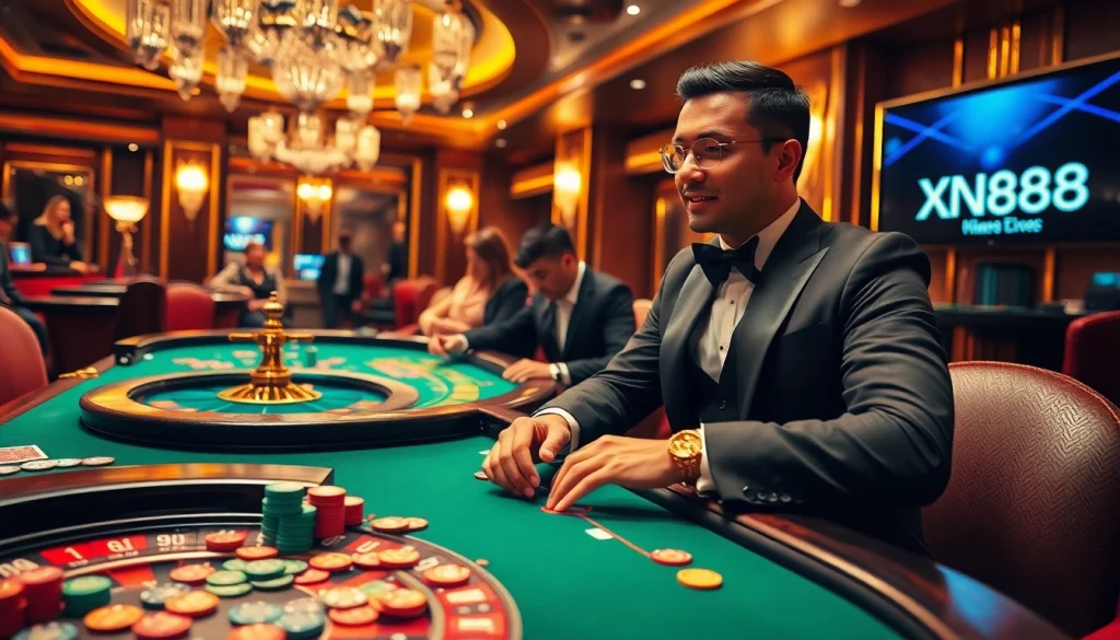 Players enjoying a thrilling game at XN88's luxurious casino table, showcasing excitement and winning strategies.