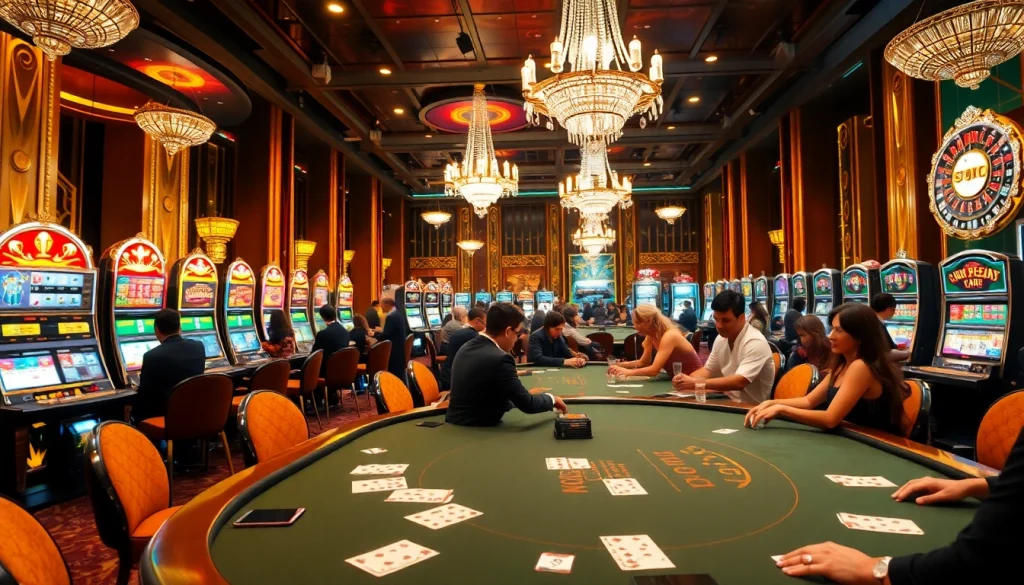 Exciting poker game scene at uu88 casino with vibrant slot machines and roulette tables.