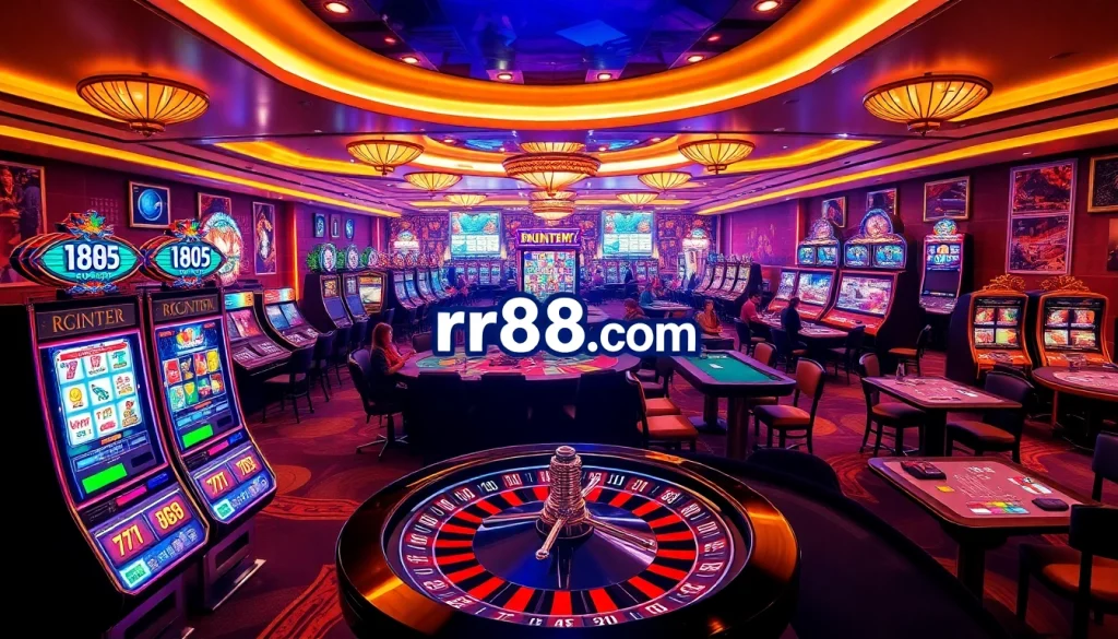 Exciting online gambling scene at rr88.com featuring vibrant slot machines and poker chips.