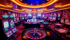 Exciting online gambling scene at rr88.com featuring vibrant slot machines and poker chips.
