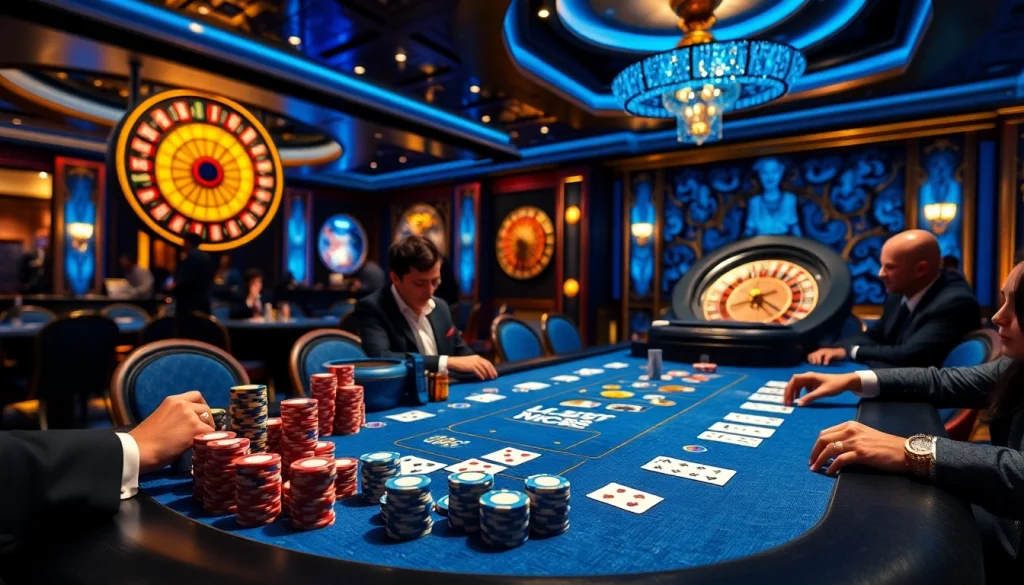 Players engaging in a strategic poker game with lc88 blue-themed chips and cards.