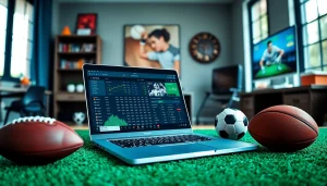 Analyze online sports betting Oklahoma with a laptop and sports equipment in a vibrant home office.