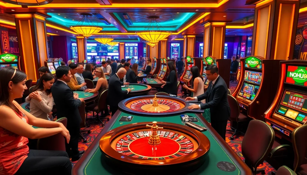 Nohu90 offers an exciting casino atmosphere with players engaging at luxurious gaming tables.