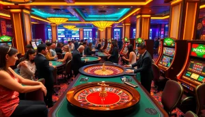 Nohu90 offers an exciting casino atmosphere with players engaging at luxurious gaming tables.