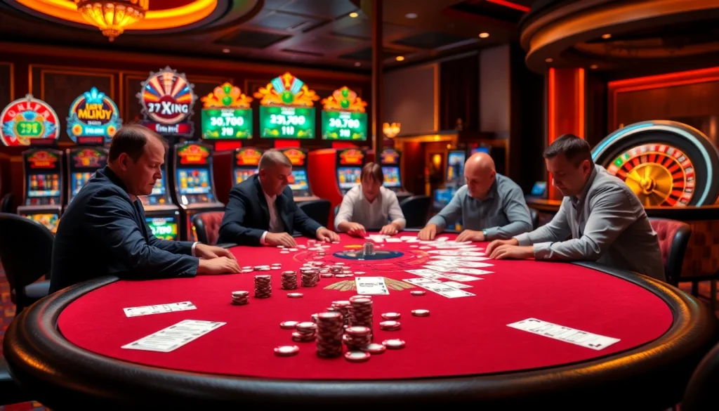 Engaged gamblers playing poker at a 79king casino table amidst vibrant slot machines.