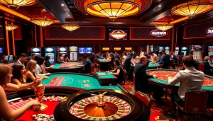 Players enjoying casino games at sunwin, featuring vibrant tables and engaging atmosphere.