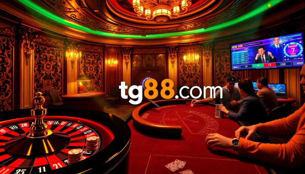 Experience excitement at tg88.com with a roulette wheel and poker game setup.