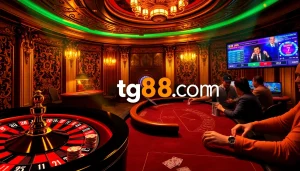 Experience excitement at tg88.com with a roulette wheel and poker game setup.