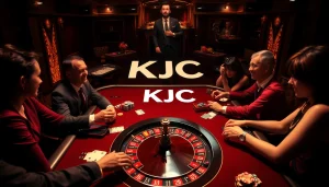 KJC branding showcased at a lively casino table featuring poker chips and a roulette wheel.