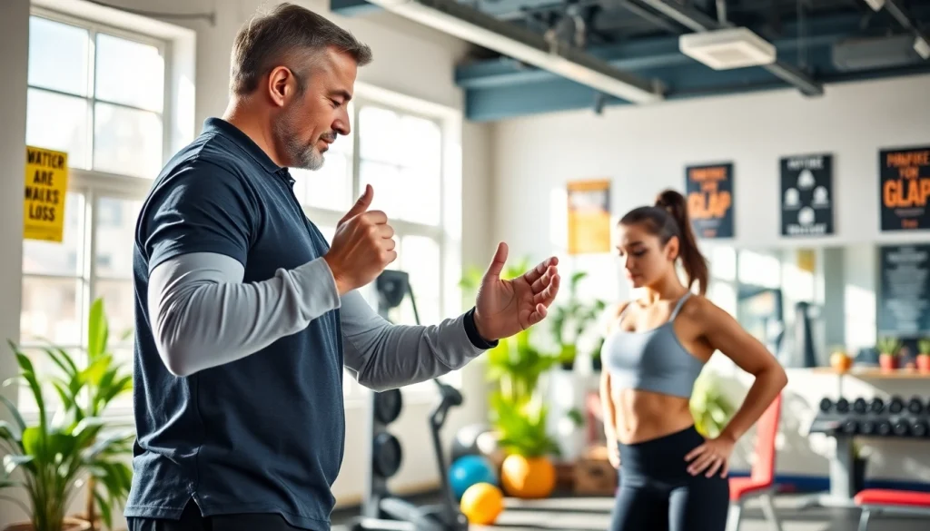 Fitness coach demonstrating how to overcome weight loss plateau with vibrant gym setting.
