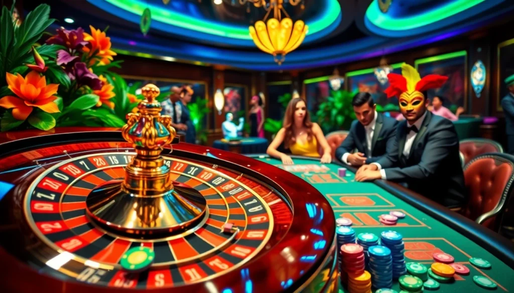Experience the thrill of casino gaming in Rio with vibrant roulette wheels and cascading poker chips.