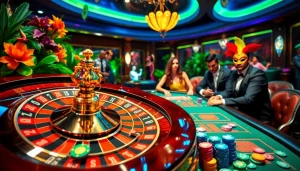 Experience the thrill of casino gaming in Rio with vibrant roulette wheels and cascading poker chips.