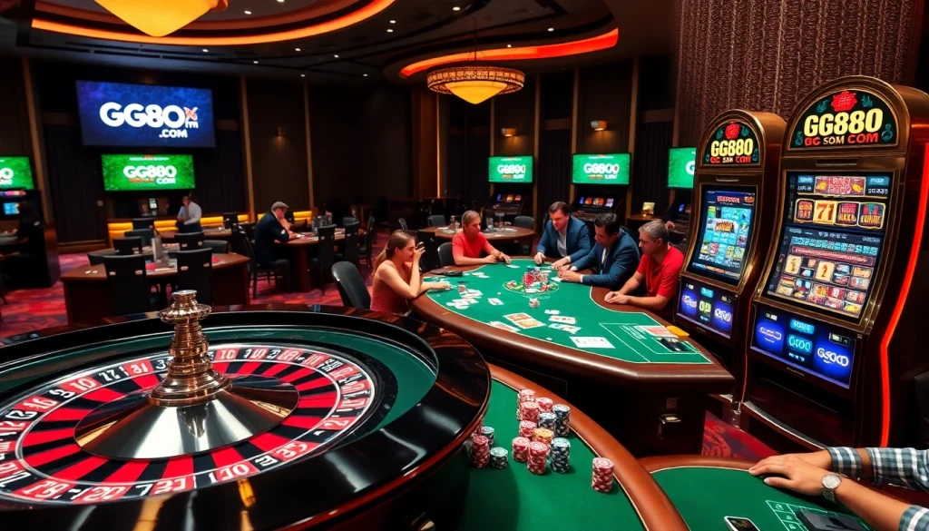High-stakes gambling at GG88 COM with vibrant casino tables and excited players engaged.