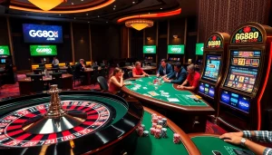 High-stakes gambling at GG88 COM with vibrant casino tables and excited players engaged.