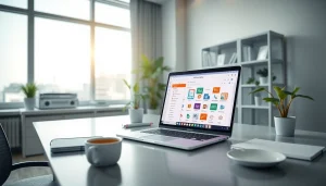 Modern office workspace showcasing WPS官网下载 for efficient work.