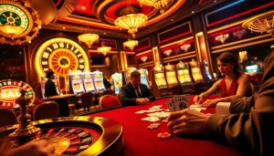 Engaged players strategizing high-stakes poker at 11UU casino with vibrant decor and classic games.