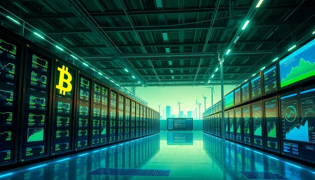 Bitcoin cloud mining facility with renewable energy sources representing innovation and efficiency.