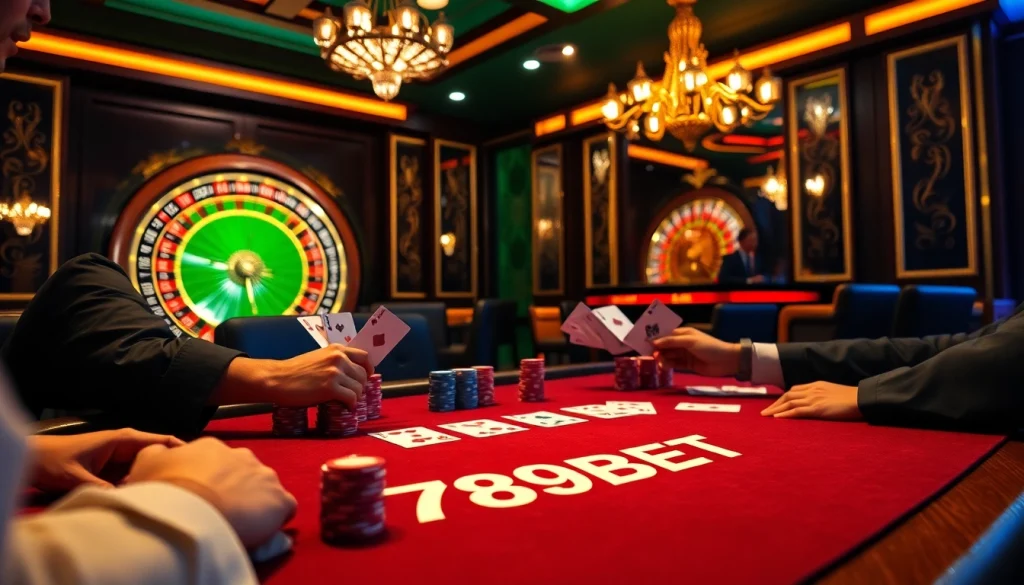 Players enjoying high-stakes poker at 789BET, showcasing gambling excitement and sophisticated ambiance.