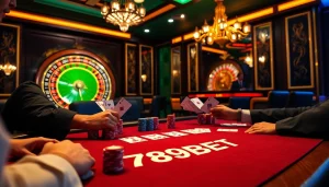 Players enjoying high-stakes poker at 789BET, showcasing gambling excitement and sophisticated ambiance.