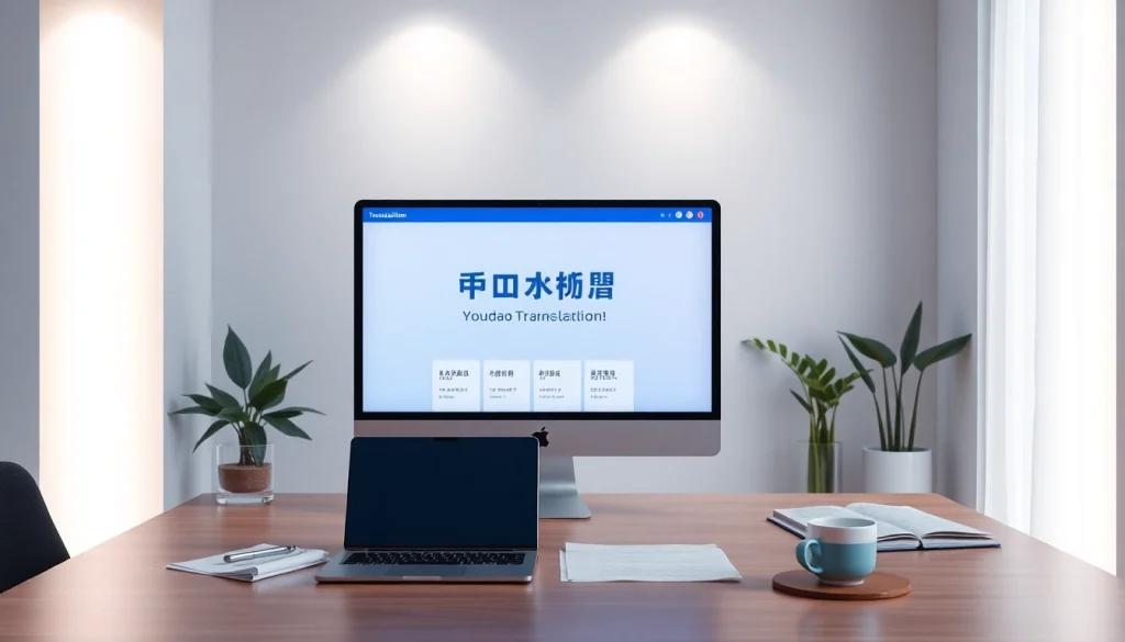 Youdao Translation download interface displayed on a sleek office computer screen, portraying advanced AI technology for seamless communication.