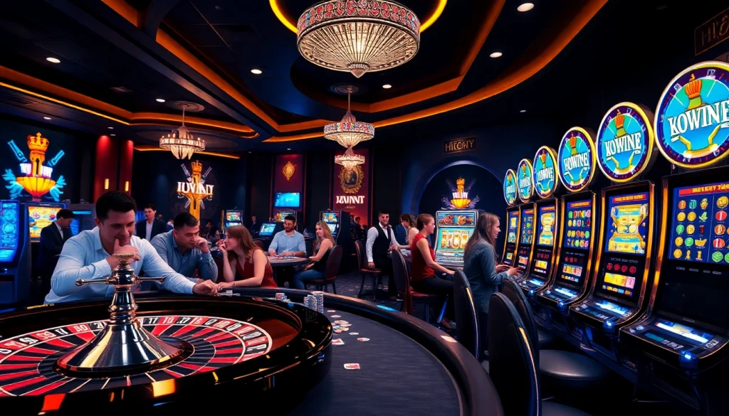 Kuwin com casino experience featuring players at roulette and slot machines, joyous and exciting.