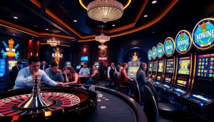 Kuwin com casino experience featuring players at roulette and slot machines, joyous and exciting.