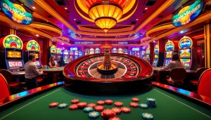Rio-themed casino atmosphere with players excitedly engaging at roulette and poker tables.