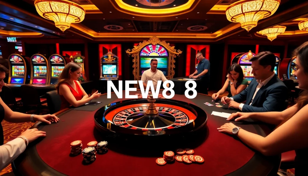 Gamblers engaging in exciting games at NEW88 casino, showcasing vibrant tables and professional dealers.
