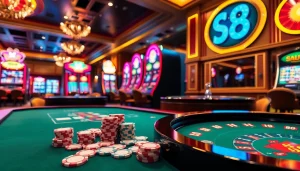 Exciting casino scene showcasing S8 poker action with vibrant tables and glowing slot machines.