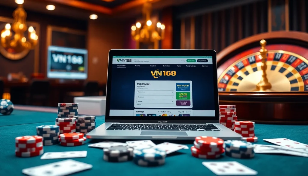 Engaging scene of a laptop showing vn168 đăng ký surrounded by poker chips and a roulette wheel.