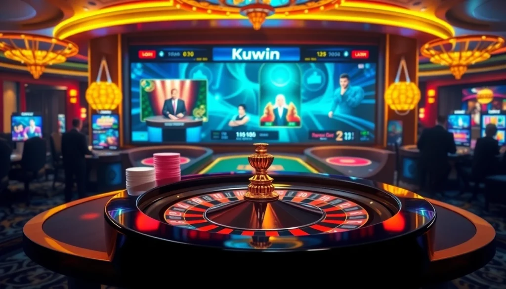 Kuwin online casino featuring exciting roulette action and colorful poker chips.