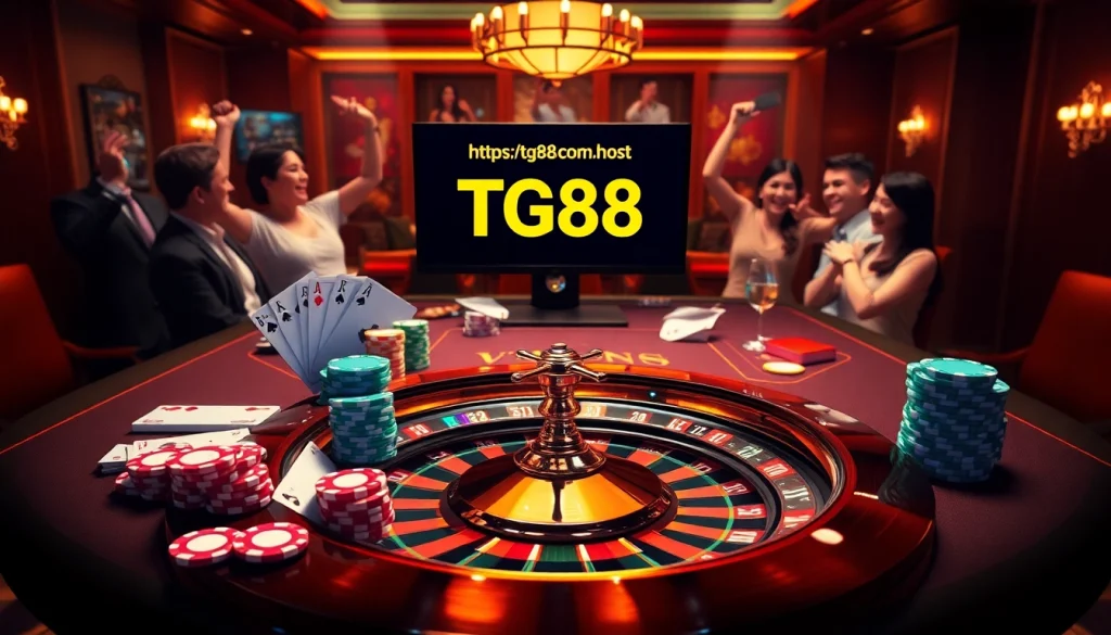 The vibrant excitement of gambling at https://tg88com.host/ with casino tables and winning moments.