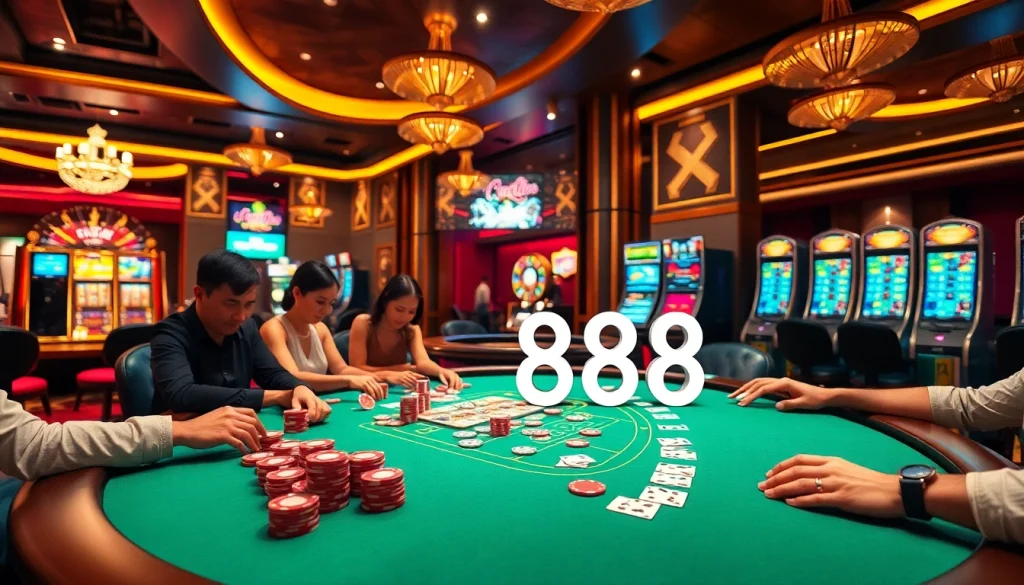 Engaged gamblers at a u8888 casino poker table with vibrant chips and dynamic roulette wheel.