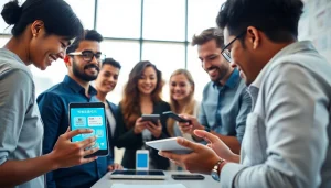 Engaged users using 有道翻译 app on modern devices for seamless communication.