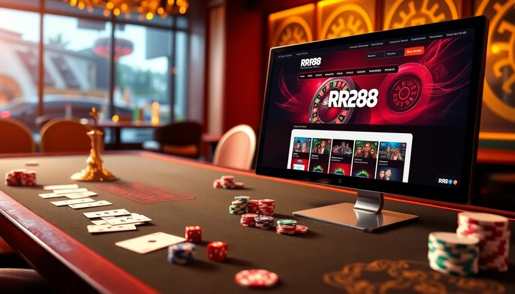 Nền tảng RR88 showcased with elegant casino visuals featuring poker chips, cards, and a roulette wheel.
