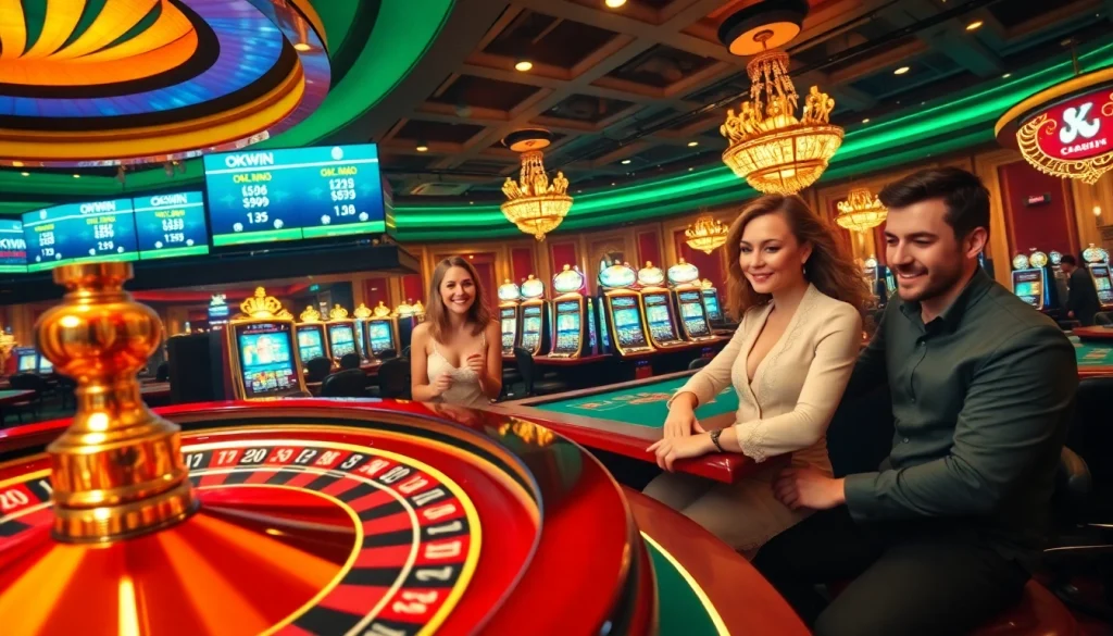 Exciting Okwin games at a vibrant casino, showcasing players enjoying table and slot games.