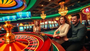 Exciting Okwin games at a vibrant casino, showcasing players enjoying table and slot games.