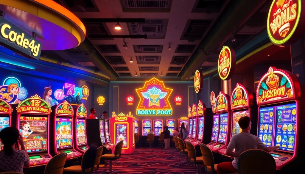 Kode4d slot gaming ambiance with colorful machines and excited players.