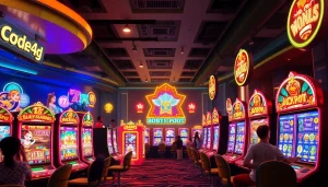 Kode4d slot gaming ambiance with colorful machines and excited players.