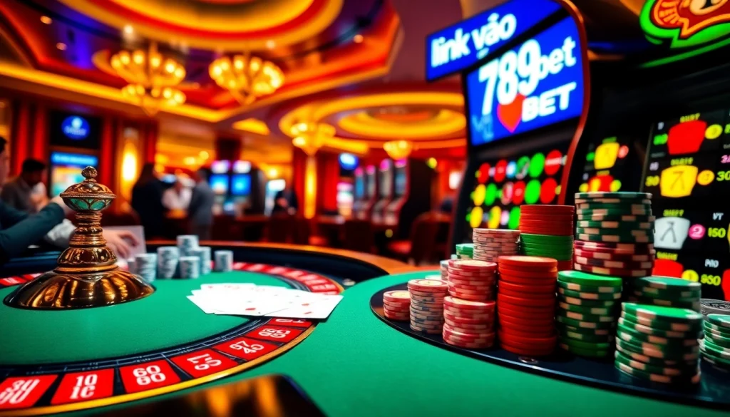 Experience the thrill of gambling at 789BET with a vibrant casino scene filled with excitement.