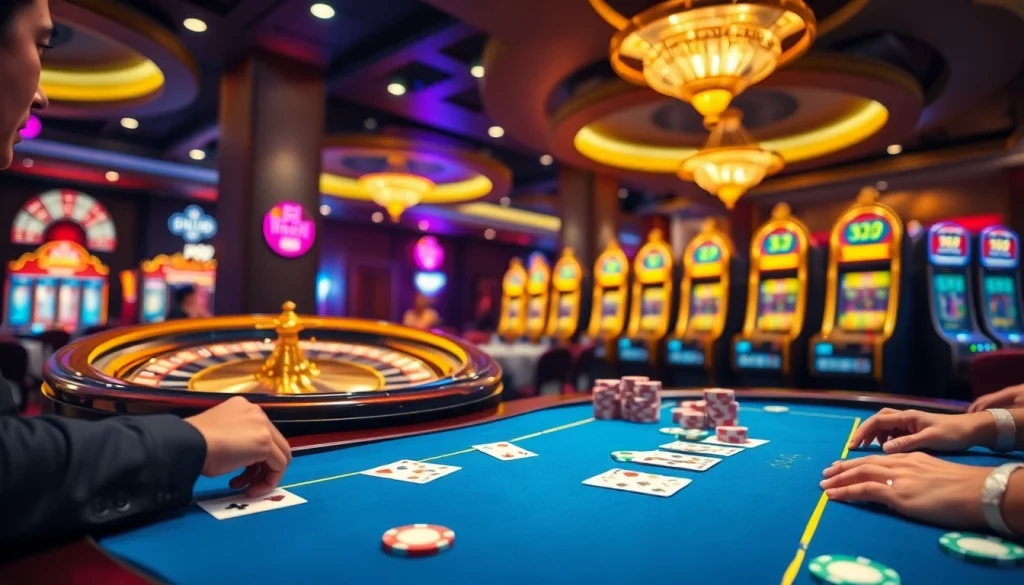 Betting at a 32win poker table with colorful chips and cards in a luxurious casino setting.