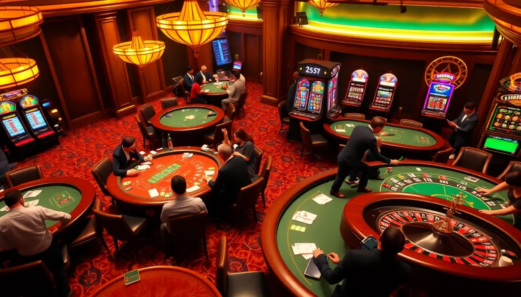 Experience the thrill of SHBET with professional poker tables and vibrant slot machines.
