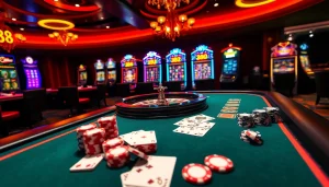 Experience the thrill of new 88 at an elegant casino table with poker chips and a roulette wheel.