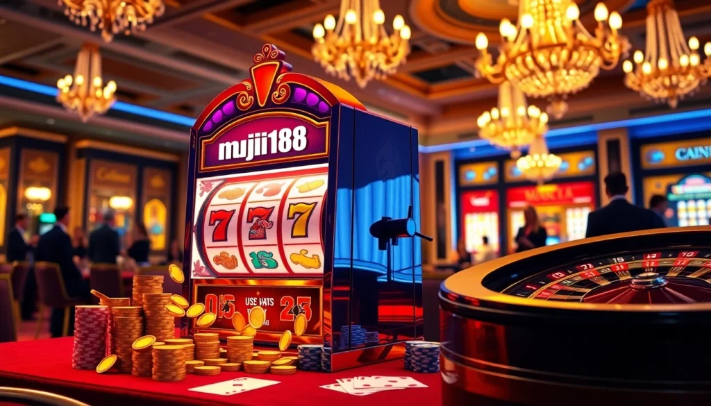 Players celebrating payouts at the muji138 slot machine in a vibrant casino setting.
